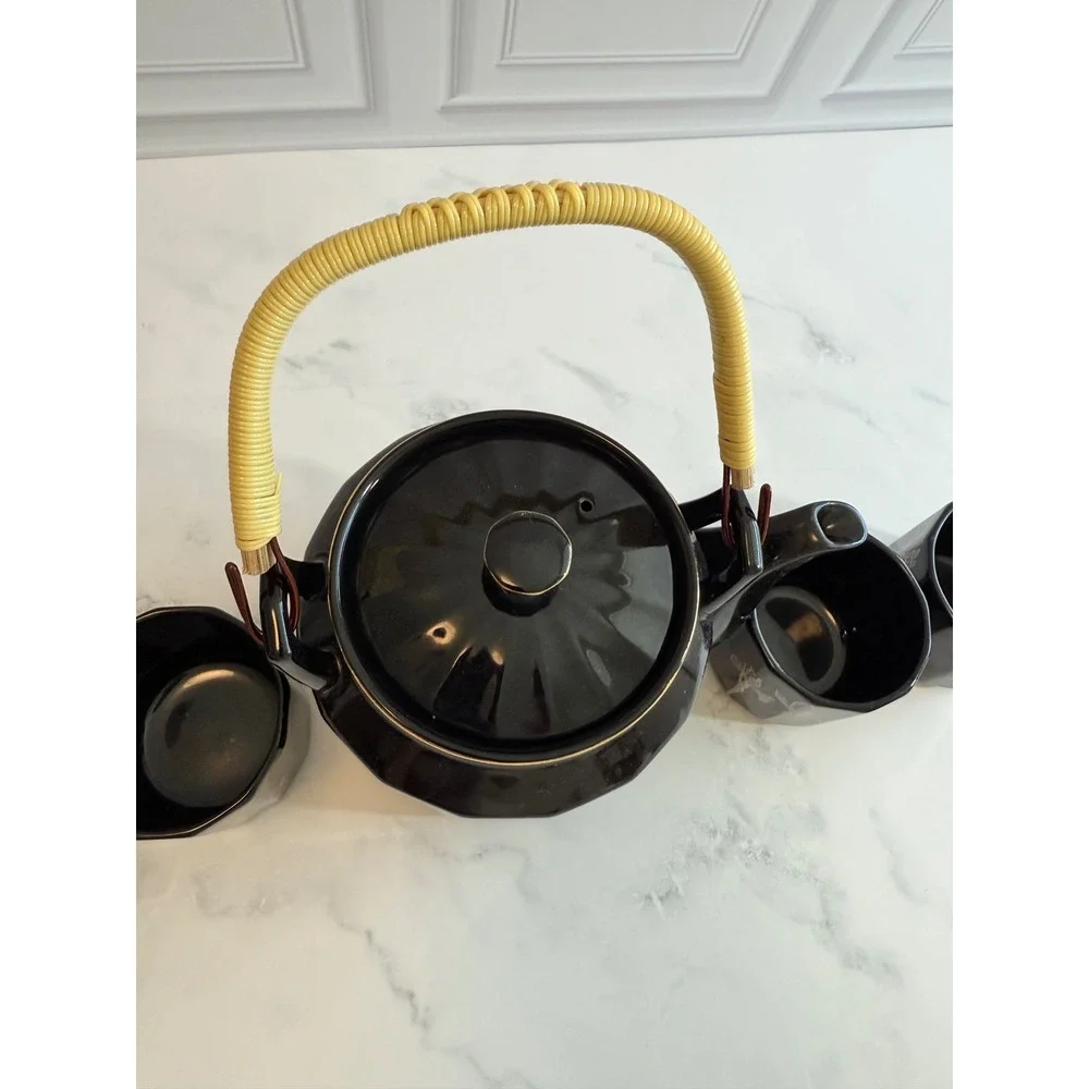 VTG Otagiri Japan Black Blue Iris Teapot‎ Rattan Handle w/4 Teacups Set